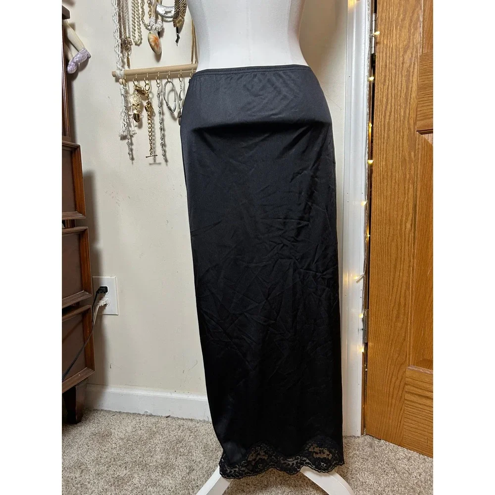 Vintage‎ Adonna Black Nylon Maxi Half Slip Skirt Lace Trim Side Slit Plus 1XL - Picture 4 of 8